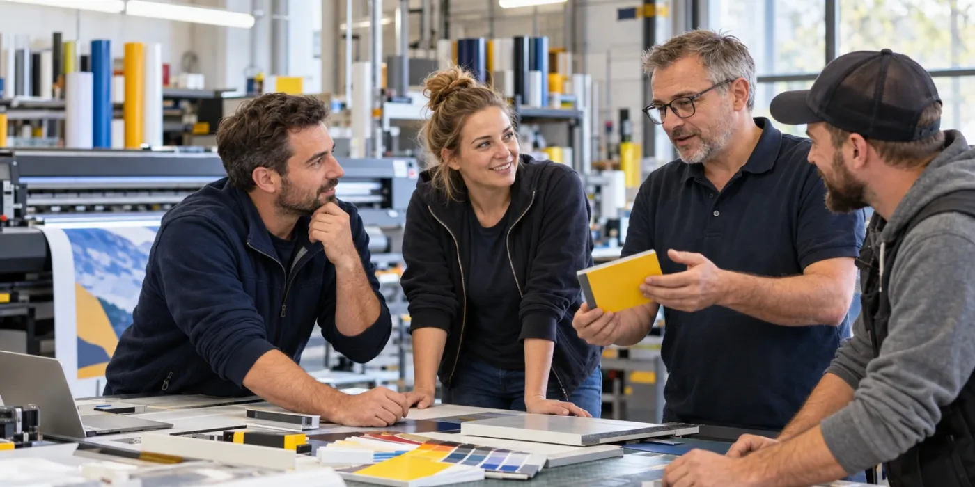 Vier Kollegen aus der Werbetechnik besprechen Materialmuster an einer Werkbank in der Werkstatt